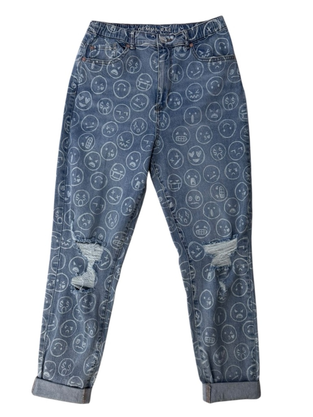 Gemma Rae Emoji Print Distressed Jeans High Rise Relaxed Juniors 11/30